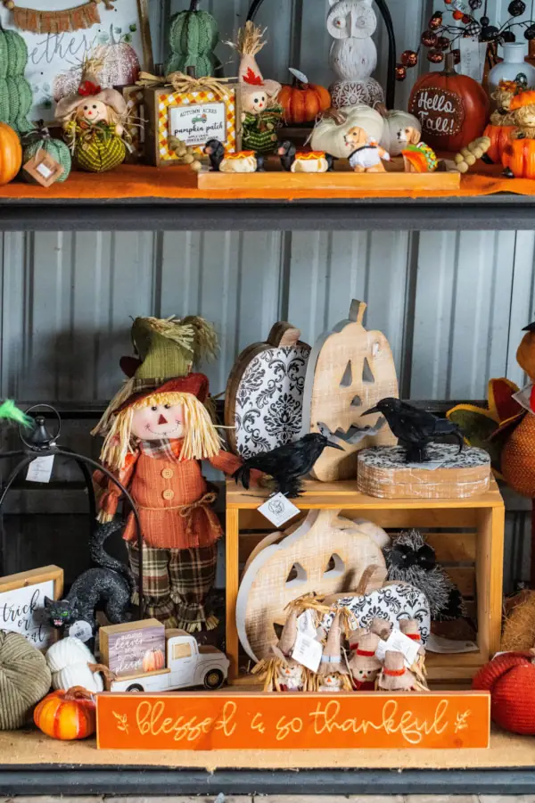 Shelves filled with autumn decorations, including scarecrows, pumpkins, crows, and a sign that reads "blessed & so thankful," conveying a festive fall atmosphere.