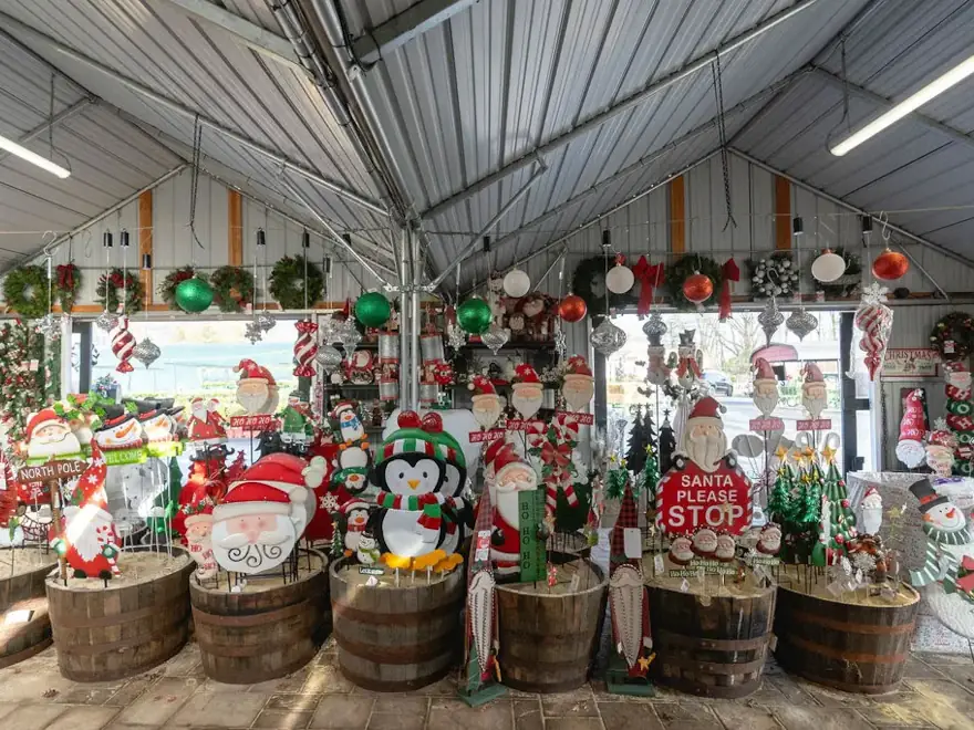 Countryview Farms Christmas Store Festive Christmas decorations in store display.