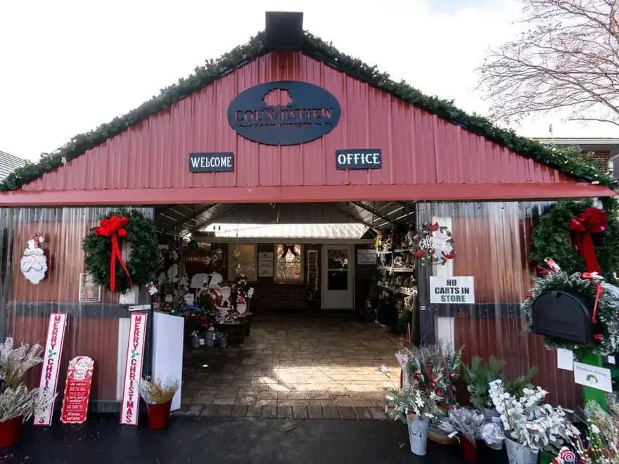 Countryview Farms Nursery Barn Store Christmas Time Countryview farm store with Christmas decorations.