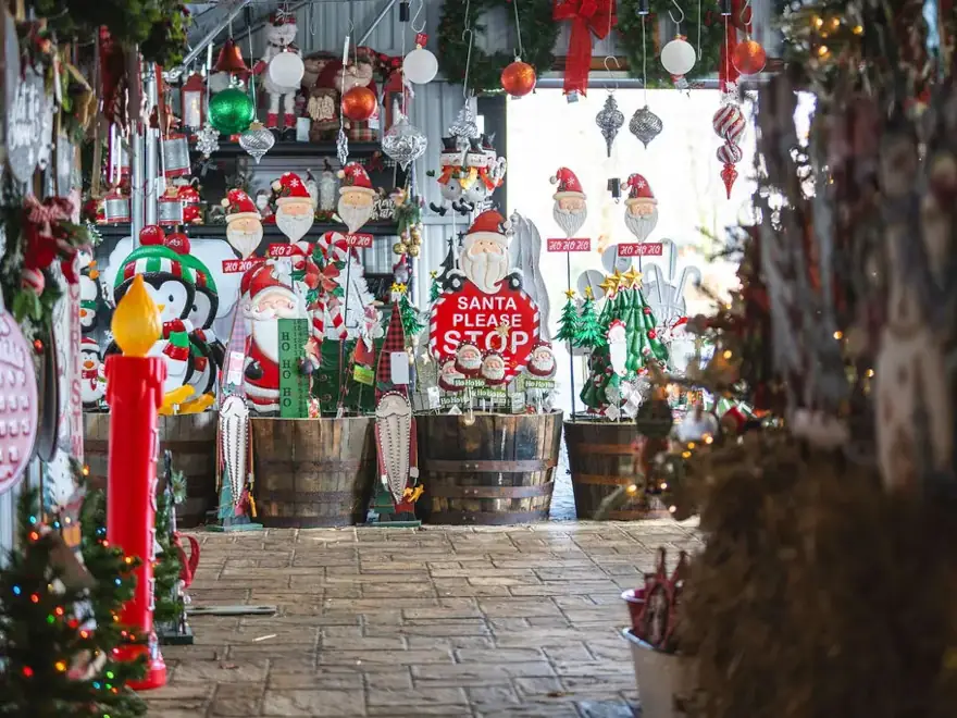 Inside Countryview Farms Christmas Store Christmas decorations displayed in festive store.