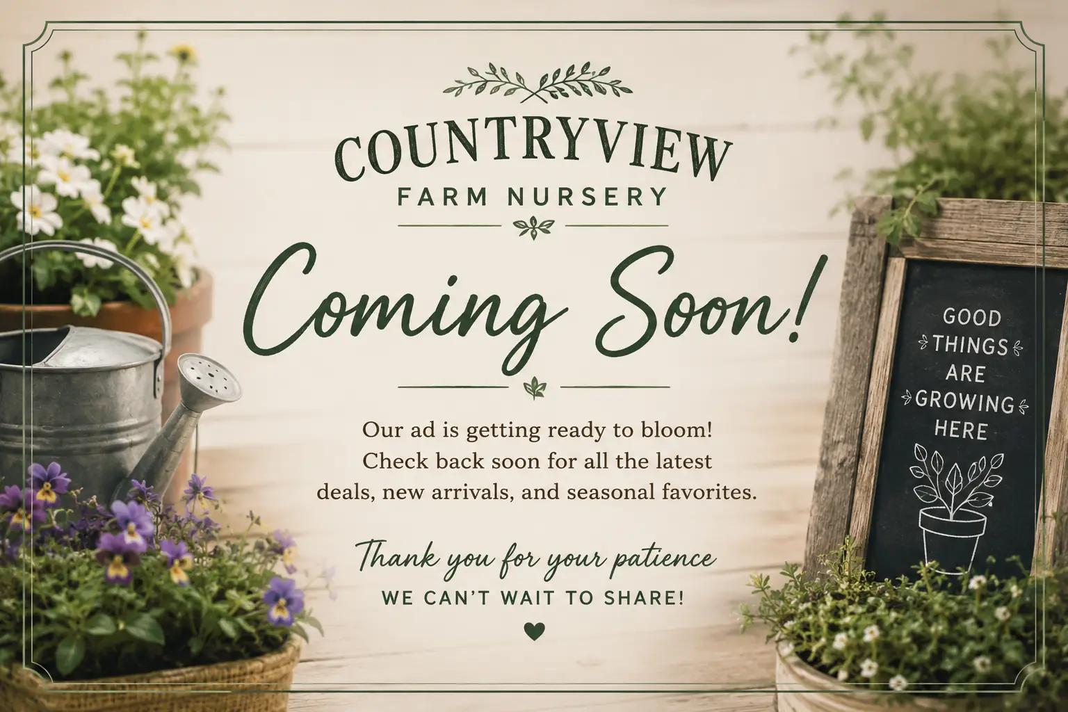 Promotional banner for Countryview Farm Nursery stating Coming Soon! surrounded by potted flowers, a vintage watering can, and a chalkboard sign reading Good things are growing here.