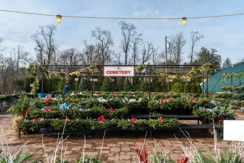 Cemetery outdoor flower arrangements on display
