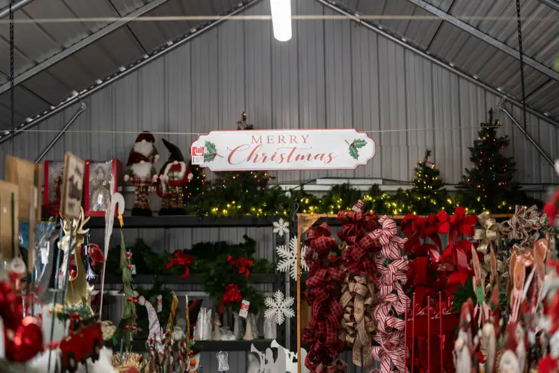 Christmas decorations and sign in store display.