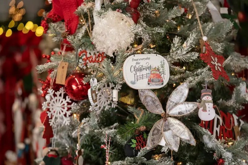 Decorated Christmas tree with ornaments and lights.