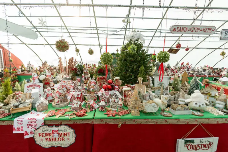 Christmas decorations display in holiday shop.