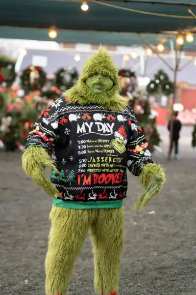 Grinch in festive sweater at Christmas market.