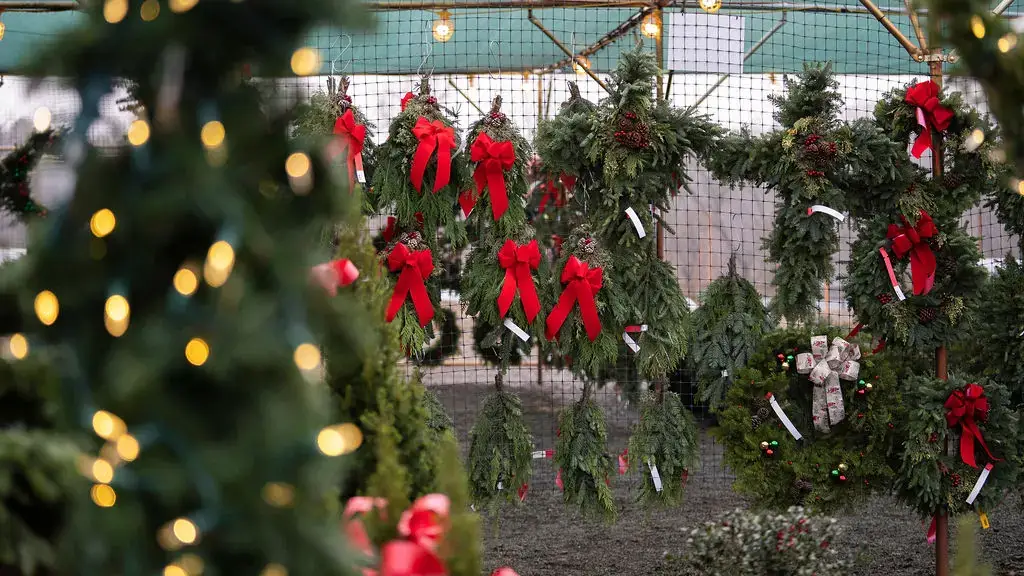 Countryview Farms Nursery Christmas Trees Lights Wreaths Christmas wreaths with red bows on display