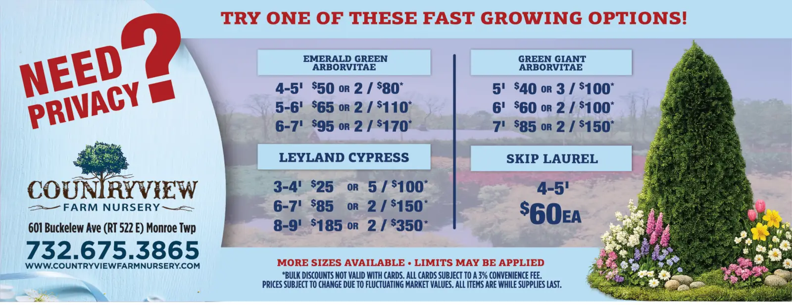 Advertisement for Countryview Farm Nursery highlighting fast-growing privacy plants like Emerald Green Arborvitae, Leyland Cypress, and Skip Laurel, with various prices.